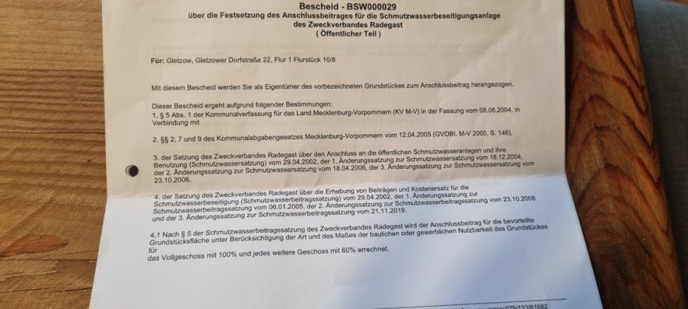 Berechnung Bescheid BSW000029 Gletzow 2 Wohngrundst�ck Rehna / Gletzow